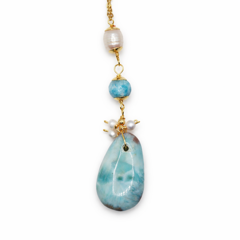 Ocean Drop Larimar & Pearl Necklace