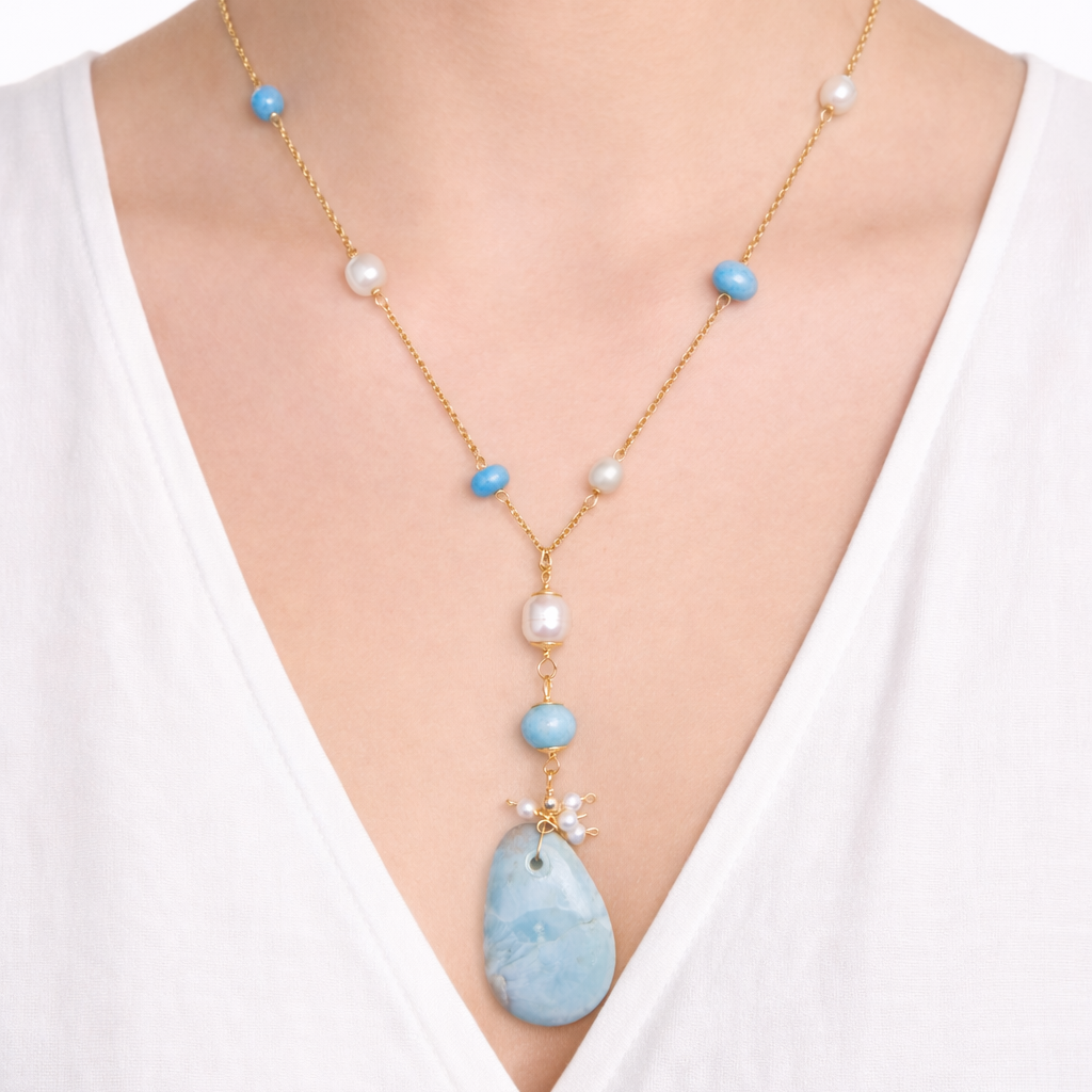 Collar Larimar y Perlas