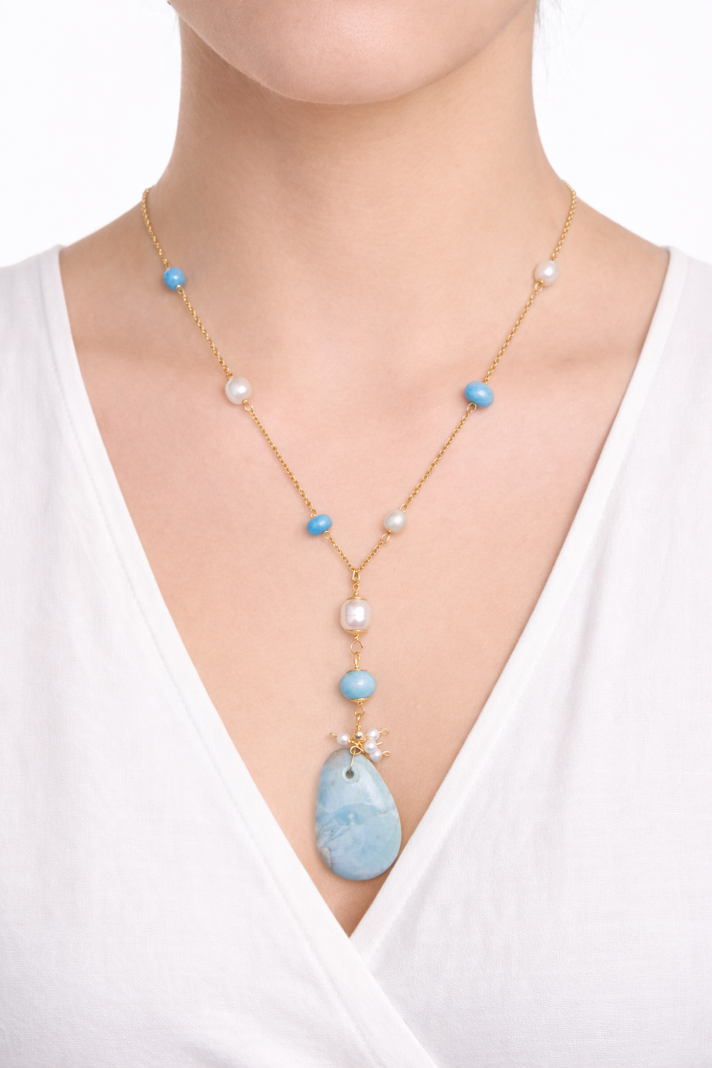Ocean Drop Larimar & Pearl Necklace