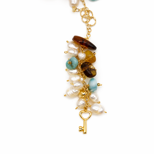 Gold Key Charm Necklace with Pearls and Mixed Stone Cluster