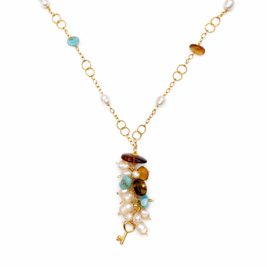 Gold Key Charm Necklace with Pearls and Mixed Stone Cluster